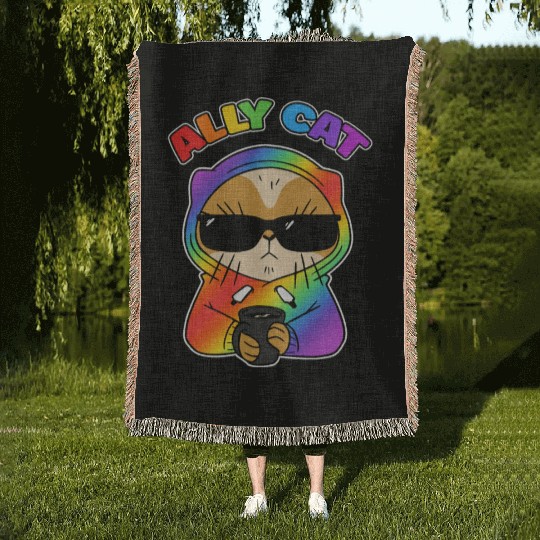 Ally Cat Rainbow LGBT Pride Month Feline Animal Woven Blankets