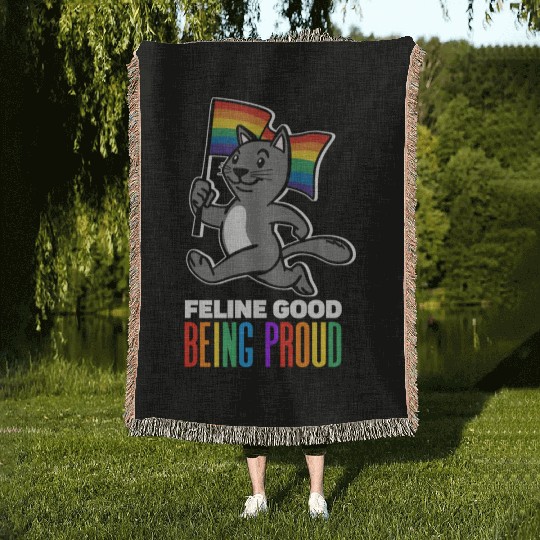 Feline Good Being Proud Rainbow Flag Cat Pride Woven Blankets