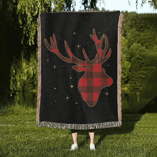 Classic Red Black Christmas Buffalo Deer Funny Fan Woven Blankets