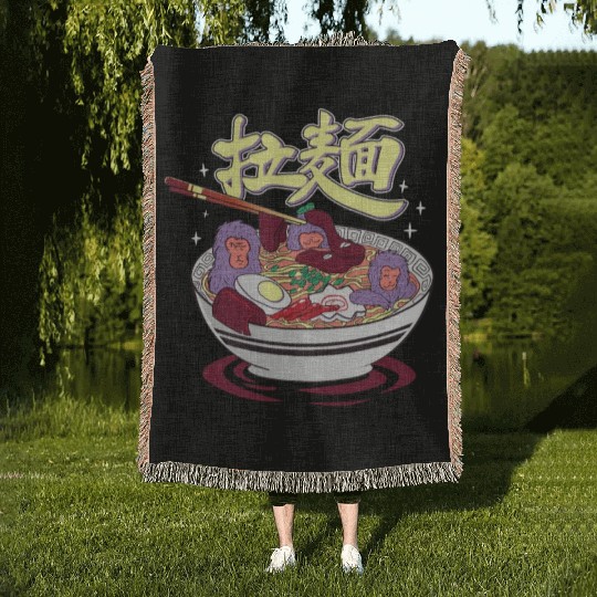 Japanese monkeys in a ramen hot spring Woven Blankets