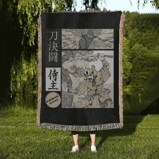 Katana Samurai Vs Ninja Warrior Comic Strip style Woven Blankets