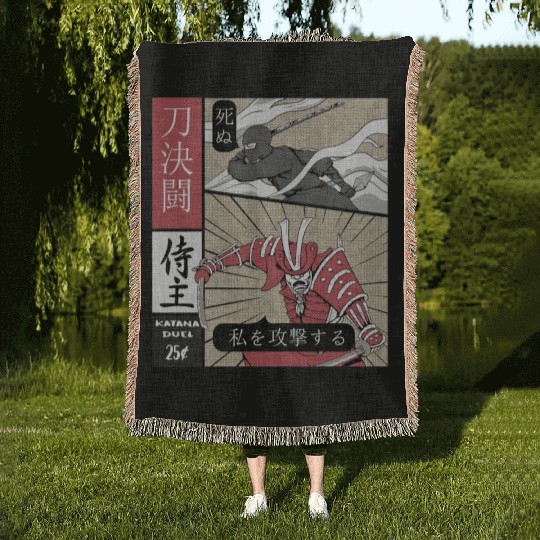 Samurai Vs shinobi Warrior Comic Strip style Woven Blankets