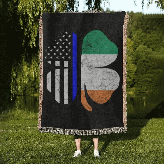 Irish American Flag Police Officer St Patricks Day Woven Blankets