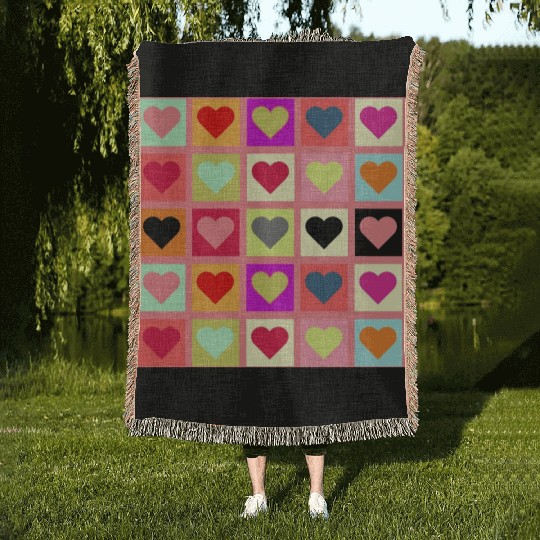 Colorful Retro Vintage Checkered Heart Y2K Pattern Woven Blankets