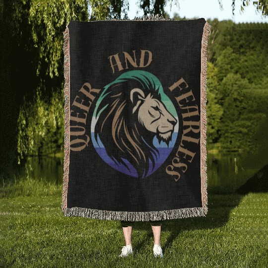 LGBTQ Queer and Fearless, Lion with Gay Flag Woven Blankets