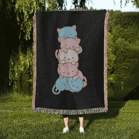 Transgender Pride Flag Cute Kawaii Cats Subtle Woven Blankets