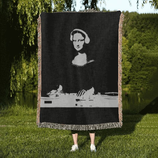Dj Mona Lisa with Dj Headphone behind a dj table Woven Blankets