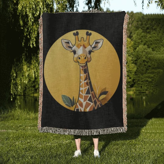 Smiling Giraffe in the Savanna Woven Blankets