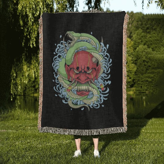 Japanese oni mask with peony flower and greem snak Woven Blankets