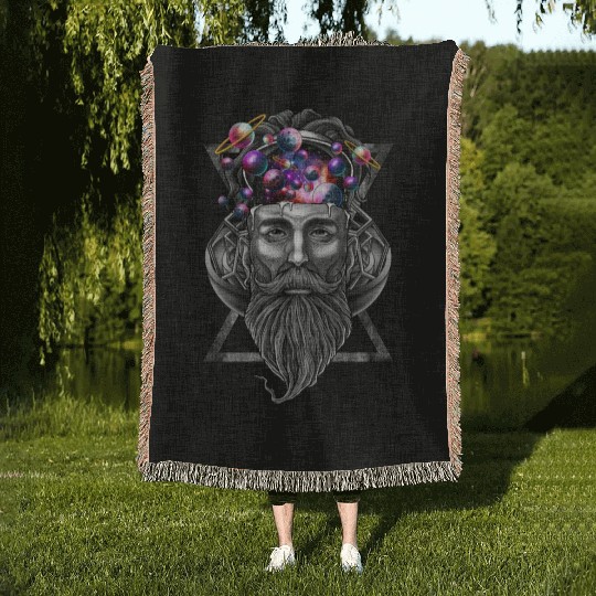 Long beard hipster trippy solar system Woven Blankets