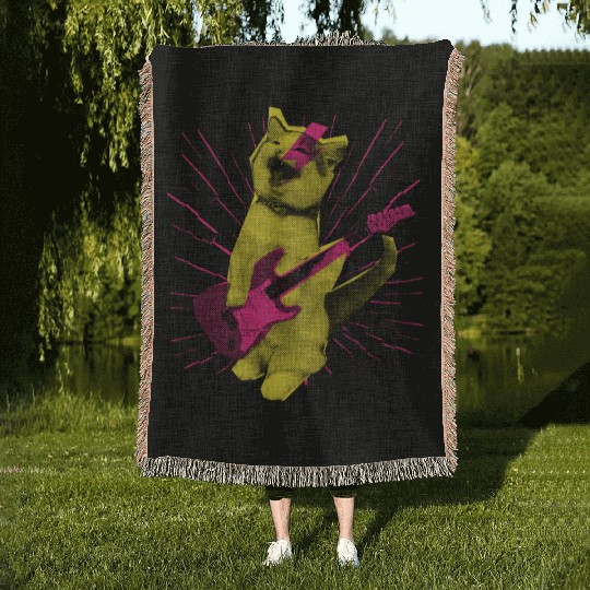 Cat Guitarist Musician Feline Guitar Player Music Woven Blankets