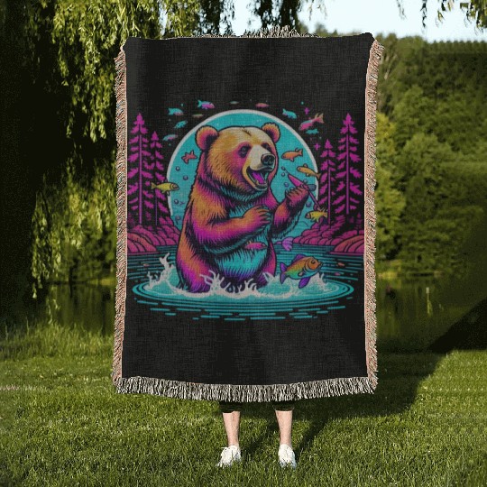Joyful Bear Fishing in River Woven Blankets