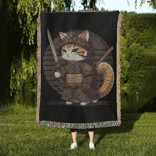 Samurai Cat Warrior Japanese Ninja Cat Kawaii Woven Blankets