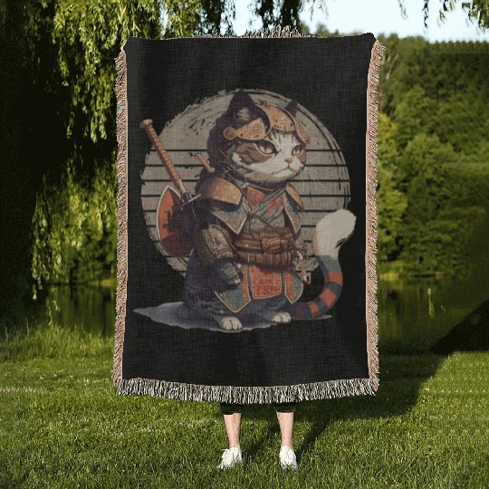 Samurai Cat Warrior Japanese Ninja Cat Kawaii Woven Blankets