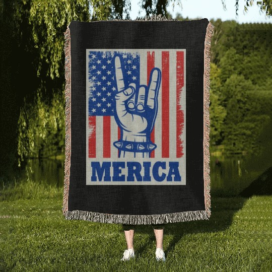 Merica Rock Usa Flag July 4th Woven Blankets