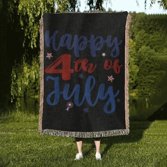Fireworks Happy 4th Of July US Flag American 4th Woven Blankets