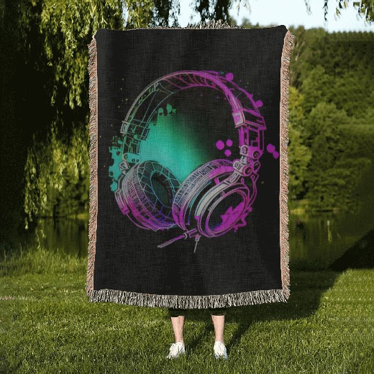 Neon DJ Headphones - Rainbow Rave Graffiti Art Woven Blankets