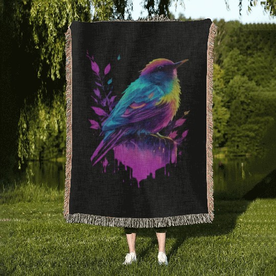 Neon Bird on Pink Leaves - Colorful Nature Art Woven Blankets