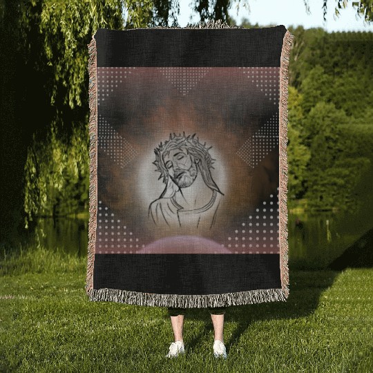 Sacred Jesus with Crown of Thorns Illustration Woven Blankets