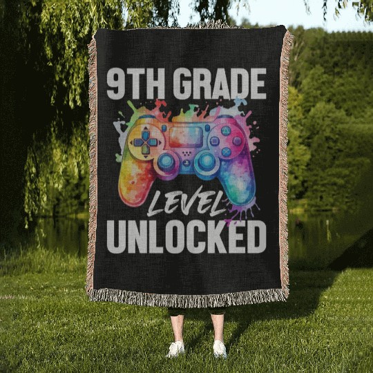 9th Grade Level Unlocked Back to School Video Game Woven Blankets