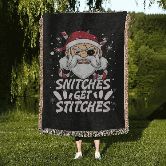 Snitches Get Stitches Santa Hat Funny Santa Pirate Woven Blankets
