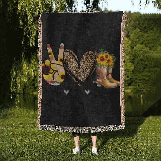 Sunflower Peace Love Country Cowgirl Midwest Boot Woven Blankets