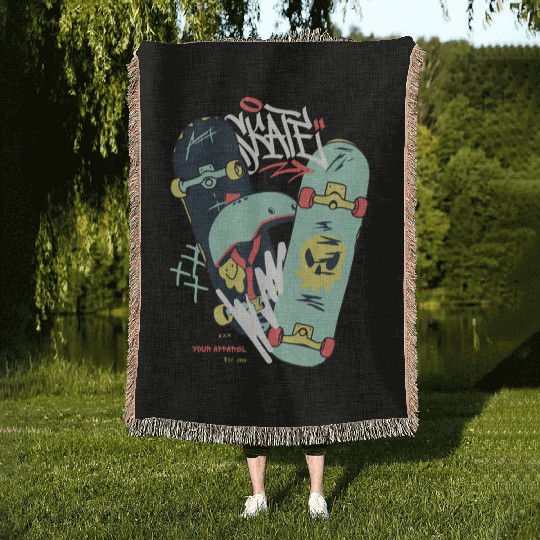 Modern Illustrated Skateboard Woven Blankets