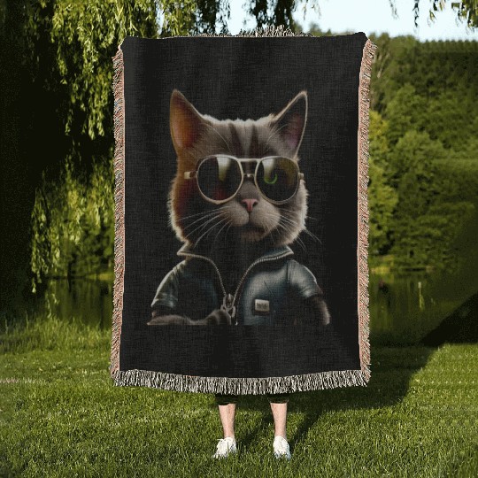 Cat With Sunglasses Cute Cat Mom Meow Paws Kitty Woven Blankets
