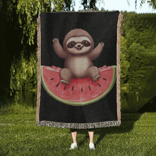 Sloth with Watermelon - Sweet Summer Design Woven Blankets
