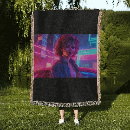 Synthwave Girl - Anime Portrait in Neon Colors Woven Blankets