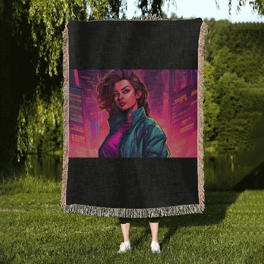 Girl in front of a Neon Pink Cityscape Woven Blankets