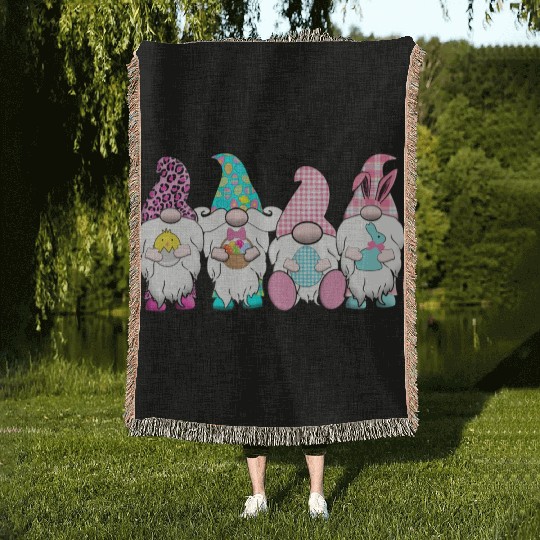 4 Easter Gnomes Pastel Spring Bunny Ears Gingham R Woven Blankets