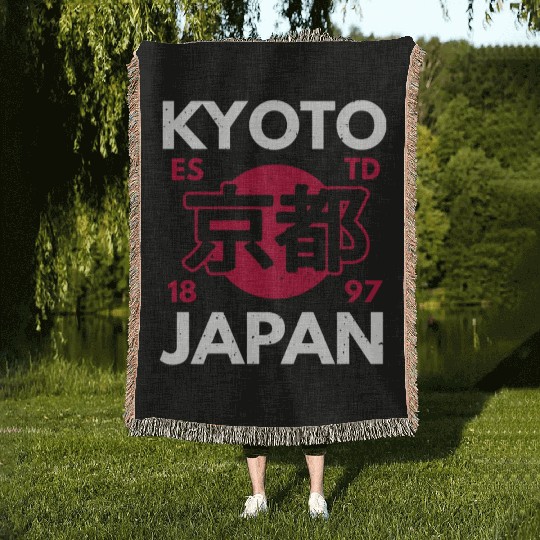 kyoto japan typography retro Woven Blankets