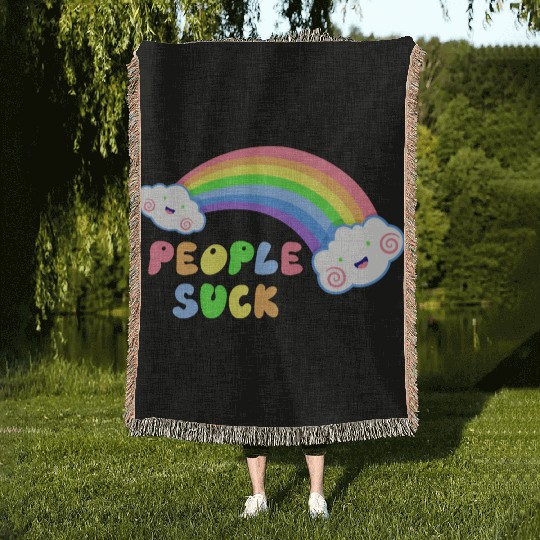 People Suck Dooom Rainbow Woven Blankets