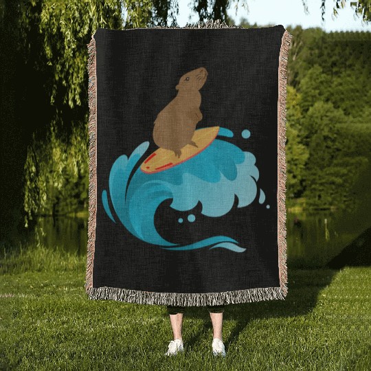 A good wave of surfing capybara Woven Blankets