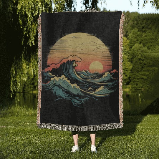 serene ocean sunset with large waves (8) Woven Blankets