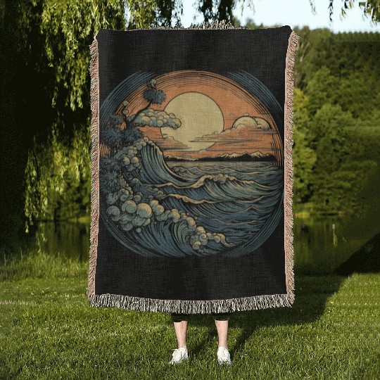 serene ocean sunset with large waves (4) Woven Blankets