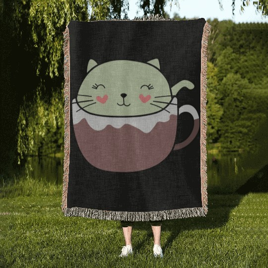 Mint Hot Cocoa Cat in Coffee Mug Woven Blankets