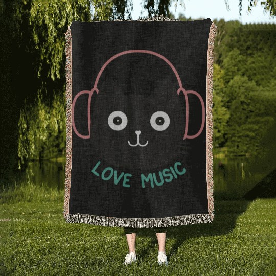 Cute Cat Listening Music Woven Blankets