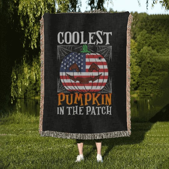 Coolest Pumpkin In The Patch Us Flag Jack O Woven Blankets