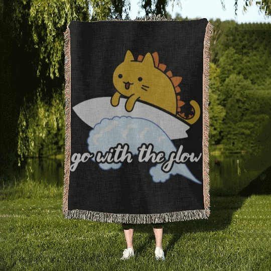Catzilla Surfer Surf Lover Go With The Flow Woven Blankets