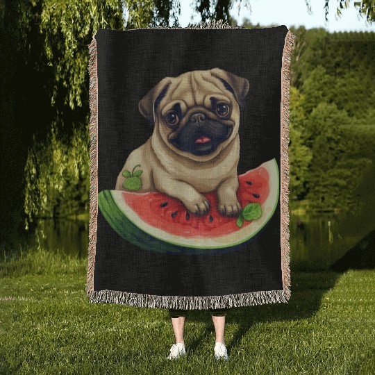 Pug with Melon, Funny Summer Design for Dog Lovers Woven Blankets