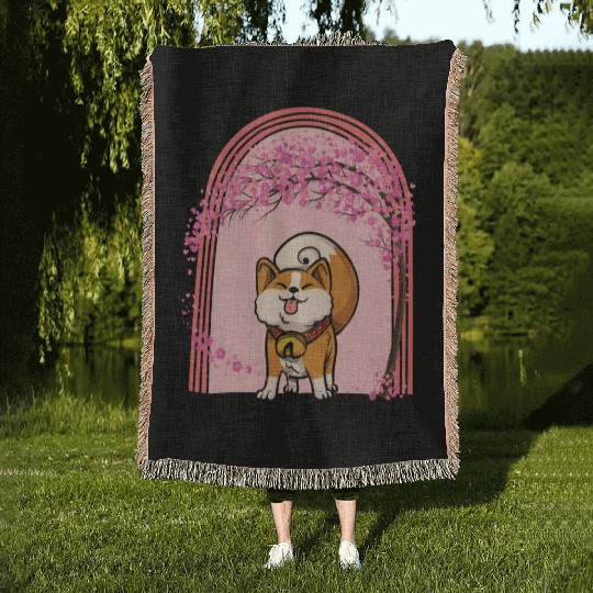 Cherry Blossom Woven Blankets, Shiba Inu Dog Sakura Kawaii