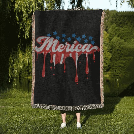 Merica Us Flag Dripping 4th Of July Woven Blankets