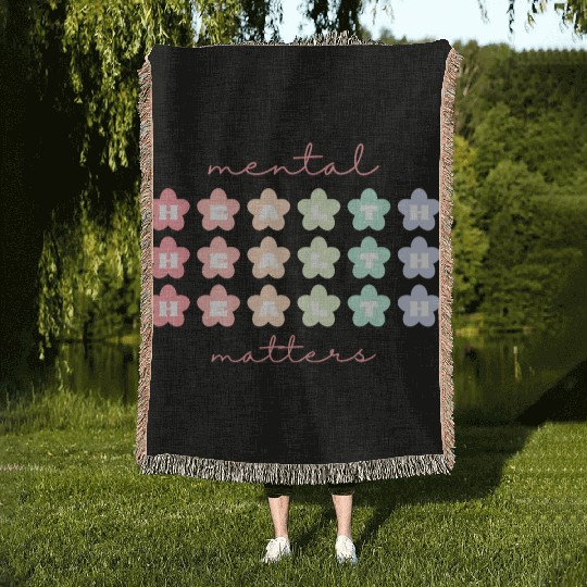 Mental Health Matters Retro Flowers Pastel Rainbow Woven Blankets