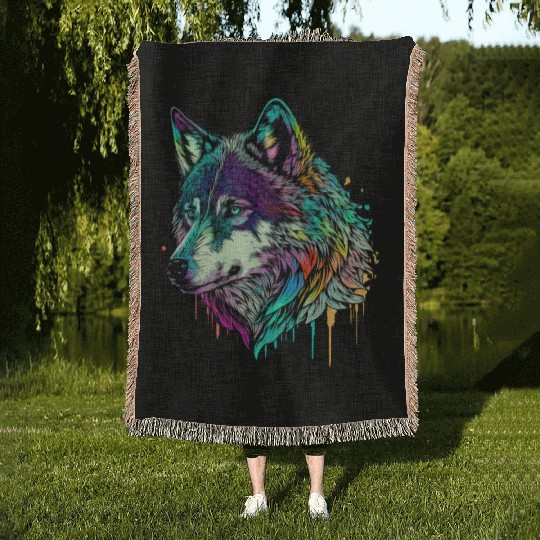 Vibrant Psychedelic Wolf Illustration Woven Blankets