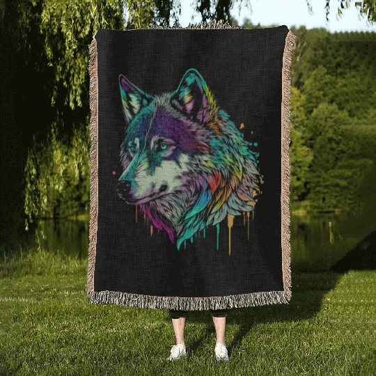 Vibrant Psychedelic Wolf Illustration Woven Blankets