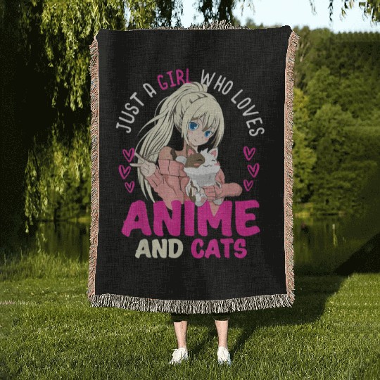 Anime Otaku Cats Japanese Anime Girl Kawaii Cat Woven Blankets