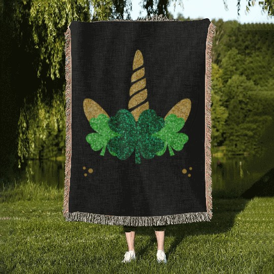 Unicorn Face St Patrick'S Day Unicorn Shamrock Woven Blankets
