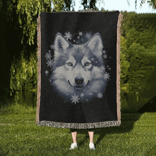 Husky dog and snowflakes Woven Blankets